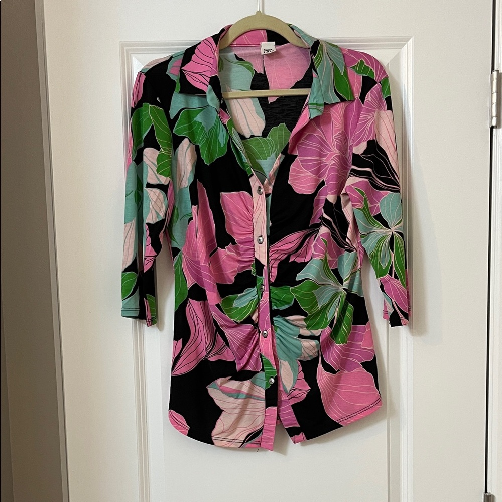 Sew In Love Black and Pink Leaf Button-Down Shirt